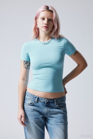 Weekday Slim Fitted T-shirt Głęboka Niebieskie | HFPX7186