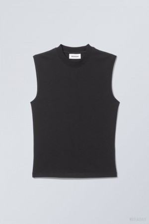 Weekday Slim Mock Neck Tank Top Czarne | WMXC5319