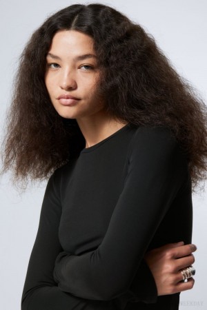 Weekday Soft Brushed Long Sleeve Top Czarne | UXWP5667