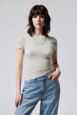 Weekday Soft Sheer Fitted T-shirt Dusty Mole | VSDA0474