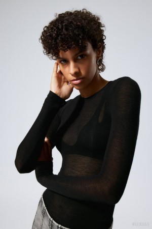 Weekday Soft Sheer Long Sleeve Top Czarne | HOWX8559