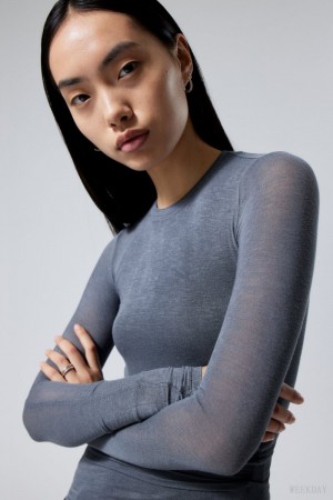 Weekday Soft Sheer Long Sleeve Top Niebieskie | YIIT3606