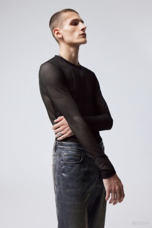 Weekday Sportowe Mesh Long Sleeved T-shirt Czarne | HUML6679