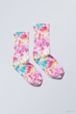 Weekday Sportowe Printed Socks Białe Różowe | DDPO5037