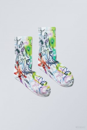Weekday Sportowe Printed Socks Messy Doodle | SGYJ8248
