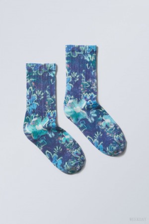 Weekday Sportowe Printed Socks Niebieskie | AKTW5861