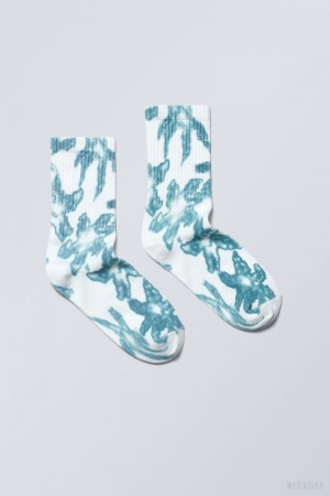 Weekday Sportowe Printed Socks Niebieskie Kwiaty | YIHO6328