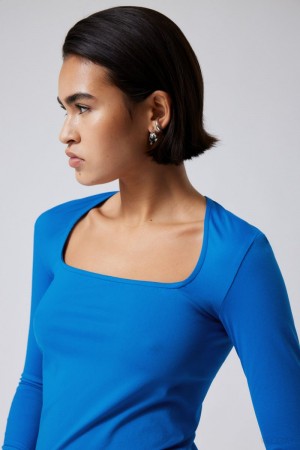 Weekday Square Neck Longsleeve Top Głęboka Niebieskie | FUQN8029