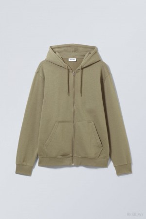Weekday Standard Midweight Zip Hoodie Khaki | IXWN1792