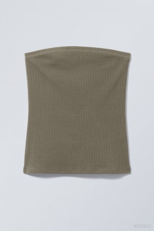 Weekday Tania Rib Tube Top Khaki | CQCC4826