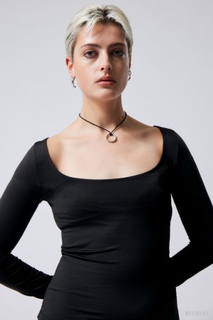 Weekday Tea Scoop Neck Long Sleeve Top Czarne | WEVB4000