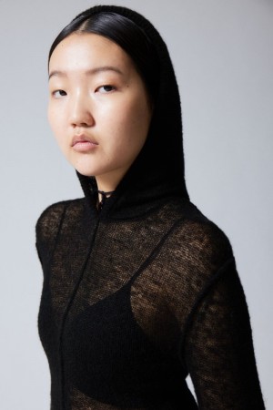 Weekday Terri Wełna Blend Sheer Knit Hoodie Czarne | JANA6462