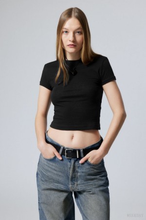 Weekday Tight Fitted T-shirt Czarne | FOLI3274