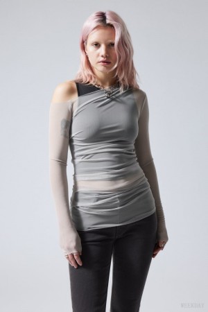 Weekday Transparent Drape Asymmetric Long Sleeve Głęboka Szare | GHNR0409