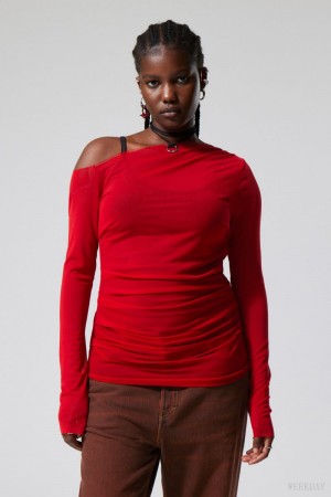 Weekday Transparent Drape Asymmetric Long Sleeve Czerwone | QLZJ8074