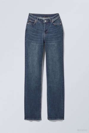 Weekday Twig Curve Mid Prosty Jeans Niebieskie | KXSK4833