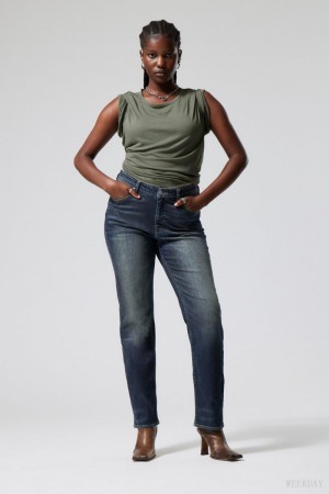 Weekday Twig Curve Mid Prosty Jeans Niebieskie | ZRXD5133