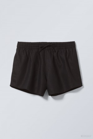 Weekday Tyler Linen Blend Shorts Czarne | BVLP9502