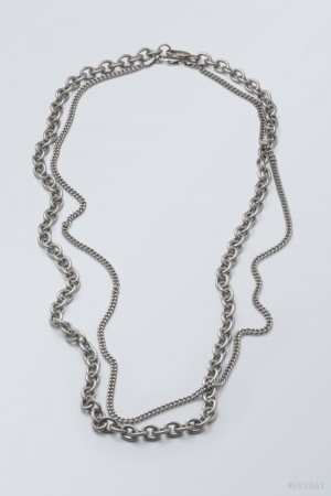 Weekday Uno Chain Necklace Set Srebrne | VZPS3155