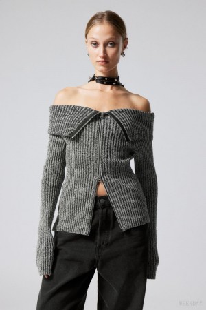 Weekday Vanna Off Shoulder Zip Cardigan Szare | TNQG6217
