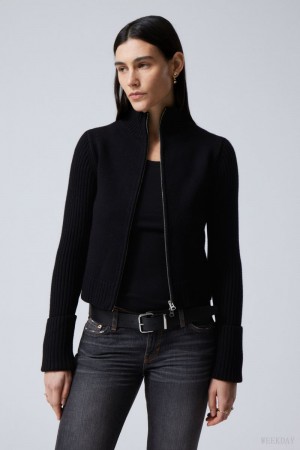 Weekday Winona Zip Cardigan Czarne | GOFI8486