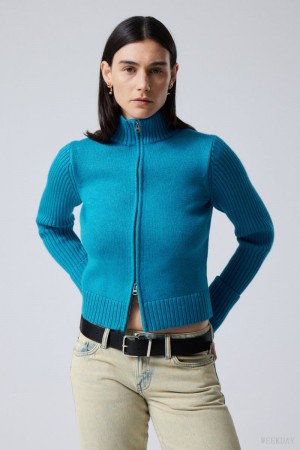 Weekday Winona Zip Cardigan Głęboka Niebieskie | XABK5735