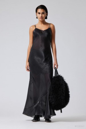 Weekday Yoko Sheer Slip Maxi Sukienki Czarne | NBDK5247